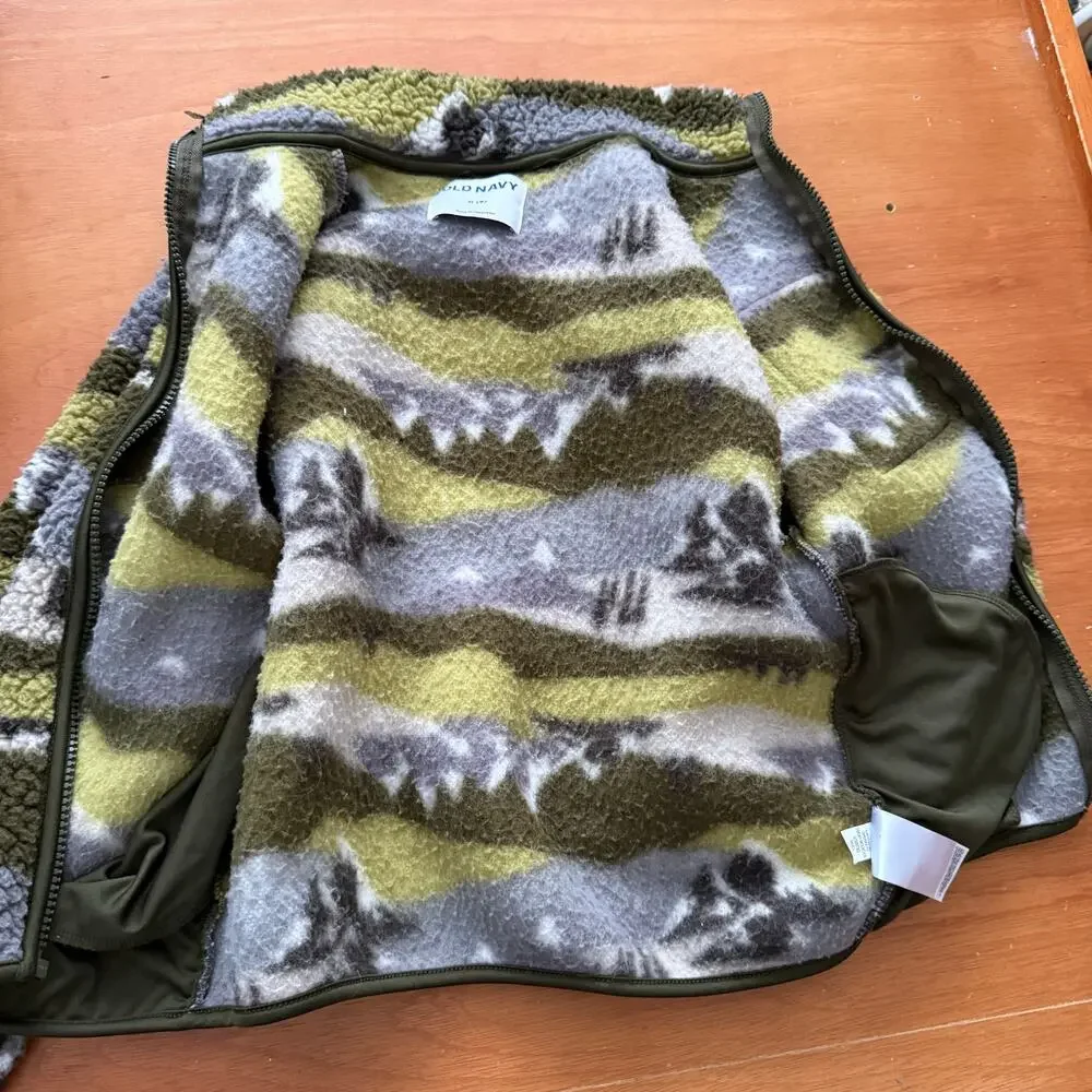 Old Navy Fleece Sherpa Zip Up Jacket Boys 8 Smoky Mountain Green Camo